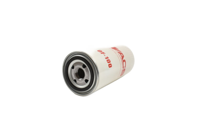 Air Compressor Services Oil Filter - OF-100. Image taken with product on its side.